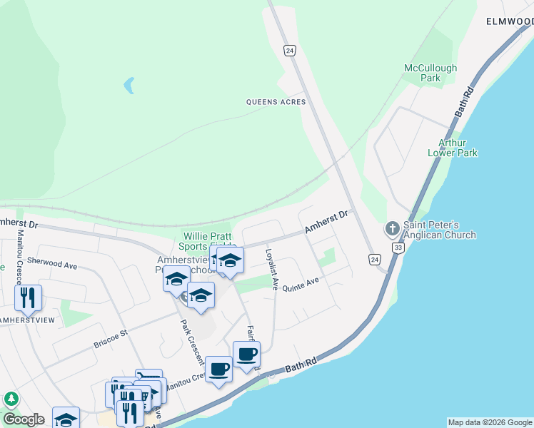 map of restaurants, bars, coffee shops, grocery stores, and more near in Lennox and Addington County