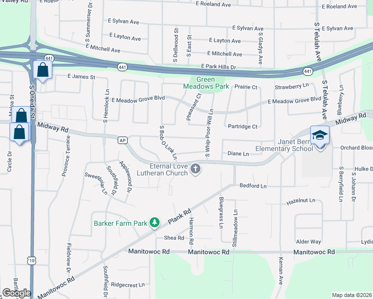 map of restaurants, bars, coffee shops, grocery stores, and more near 909 East Kramer Lane in Appleton