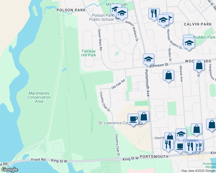 map of restaurants, bars, coffee shops, grocery stores, and more near 23 Old Oak Road in Kingston