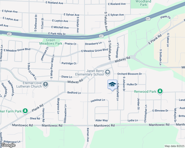 map of restaurants, bars, coffee shops, grocery stores, and more near 3608 South School Avenue in Appleton
