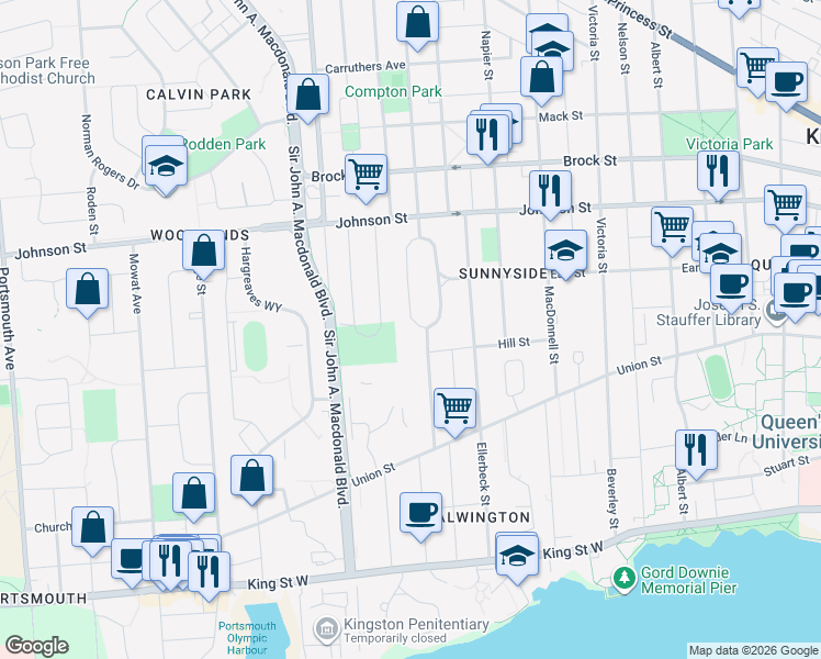 map of restaurants, bars, coffee shops, grocery stores, and more near 96 A College Street in Kingston