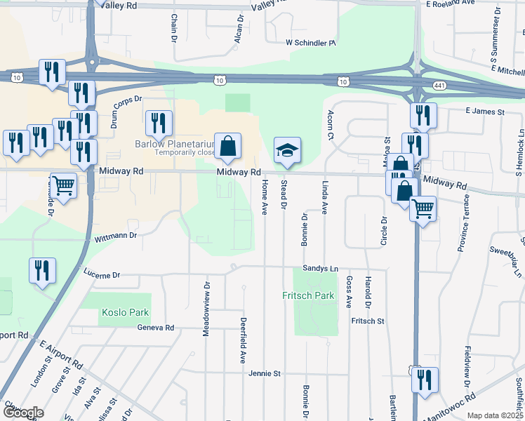 map of restaurants, bars, coffee shops, grocery stores, and more near 1413 Home Avenue in Menasha