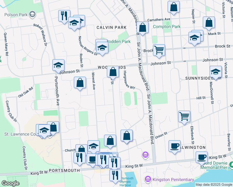 map of restaurants, bars, coffee shops, grocery stores, and more near 321 Yonge Street in Kingston