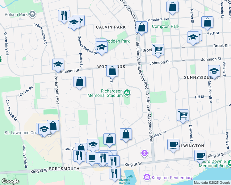map of restaurants, bars, coffee shops, grocery stores, and more near 321 Yonge Street in Kingston