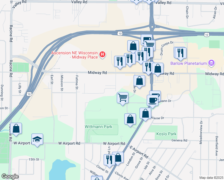 map of restaurants, bars, coffee shops, grocery stores, and more near 1487 Kenwood Drive in Menasha