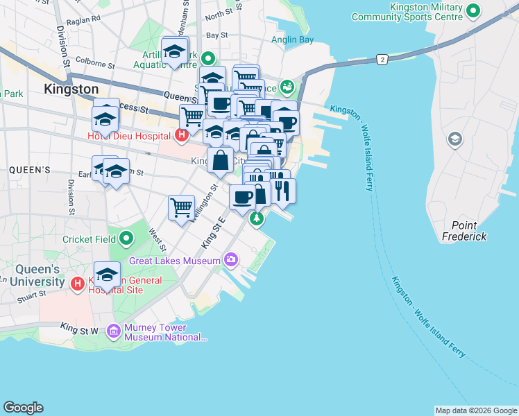map of restaurants, bars, coffee shops, grocery stores, and more near 167 Ontario Street in Kingston