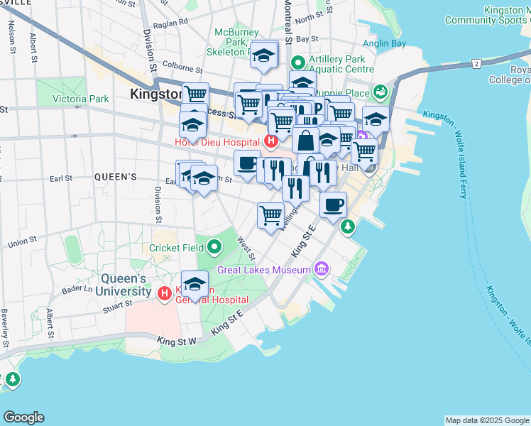 map of restaurants, bars, coffee shops, grocery stores, and more near 135 Bagot Street in Kingston