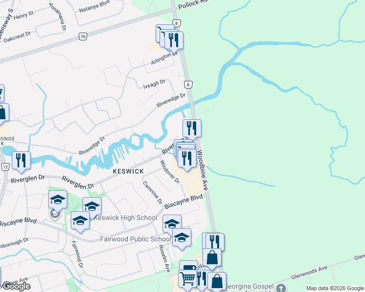 map of restaurants, bars, coffee shops, grocery stores, and more near 9 Riverglen Drive in Georgina