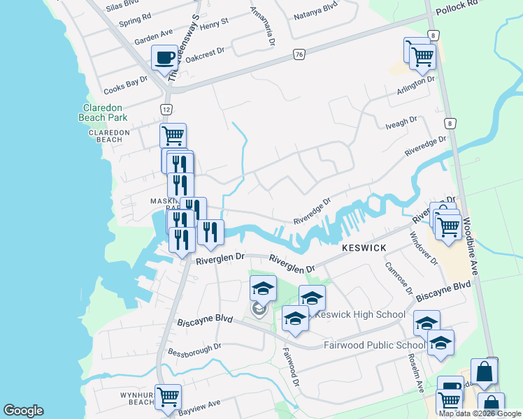 map of restaurants, bars, coffee shops, grocery stores, and more near 18 Glendower Crescent in Georgina