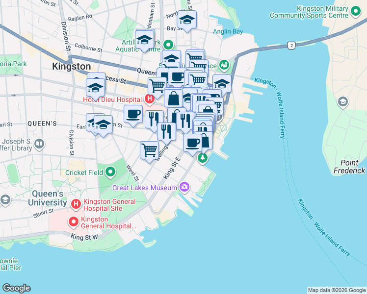 map of restaurants, bars, coffee shops, grocery stores, and more near 250 King Street East in Kingston