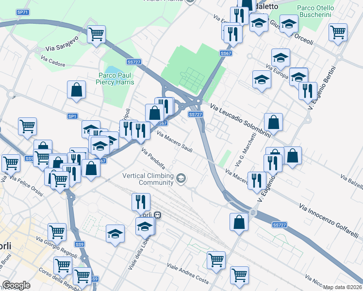 map of restaurants, bars, coffee shops, grocery stores, and more near 11 Via Giuseppe Rambelli in Forlì