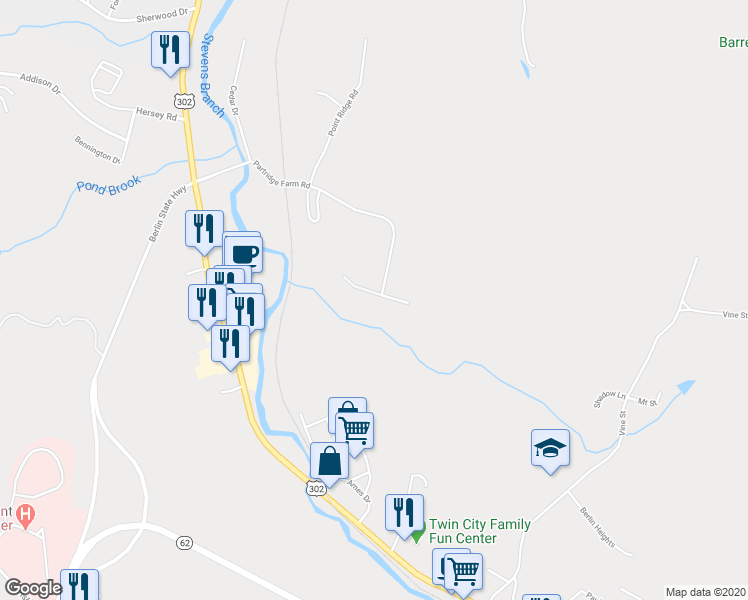 map of restaurants, bars, coffee shops, grocery stores, and more near 7 Hideaway Drive in Barre