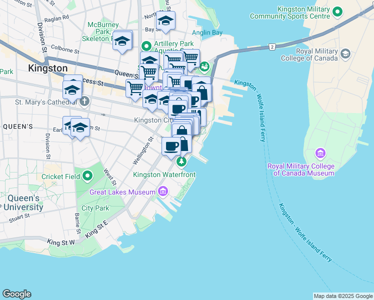map of restaurants, bars, coffee shops, grocery stores, and more near 181 Ontario Street in Kingston