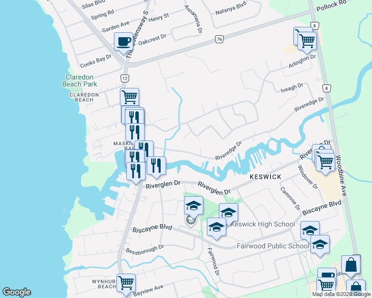 map of restaurants, bars, coffee shops, grocery stores, and more near 142 Riveredge Drive in Georgina