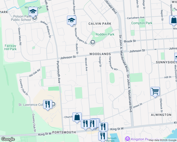 map of restaurants, bars, coffee shops, grocery stores, and more near 339 Mowat Avenue in Kingston