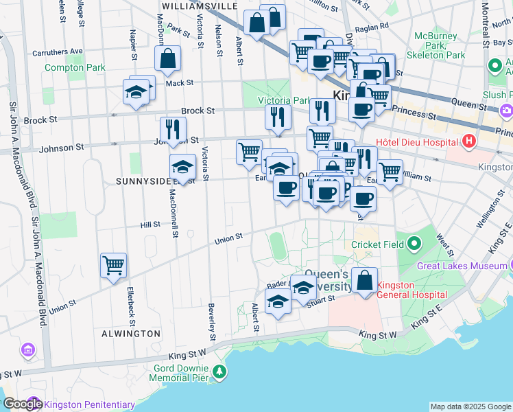 map of restaurants, bars, coffee shops, grocery stores, and more near in Kingston
