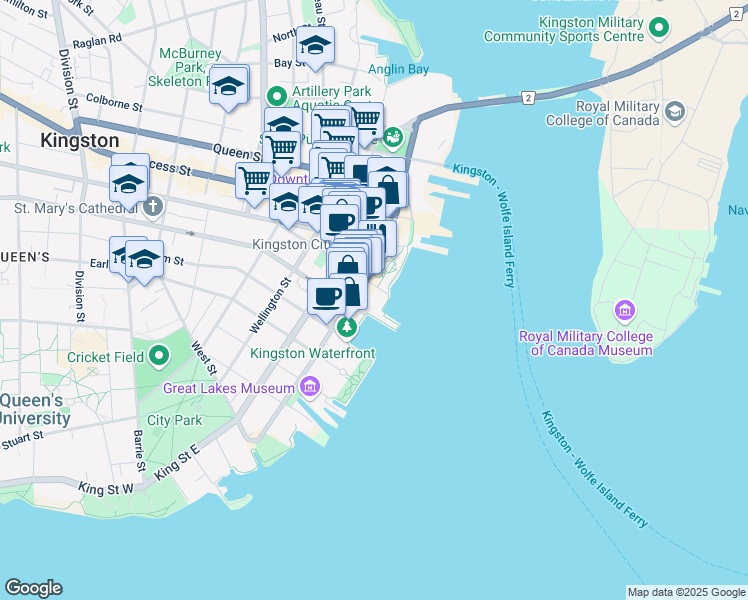 map of restaurants, bars, coffee shops, grocery stores, and more near 185 Ontario Street in Kingston