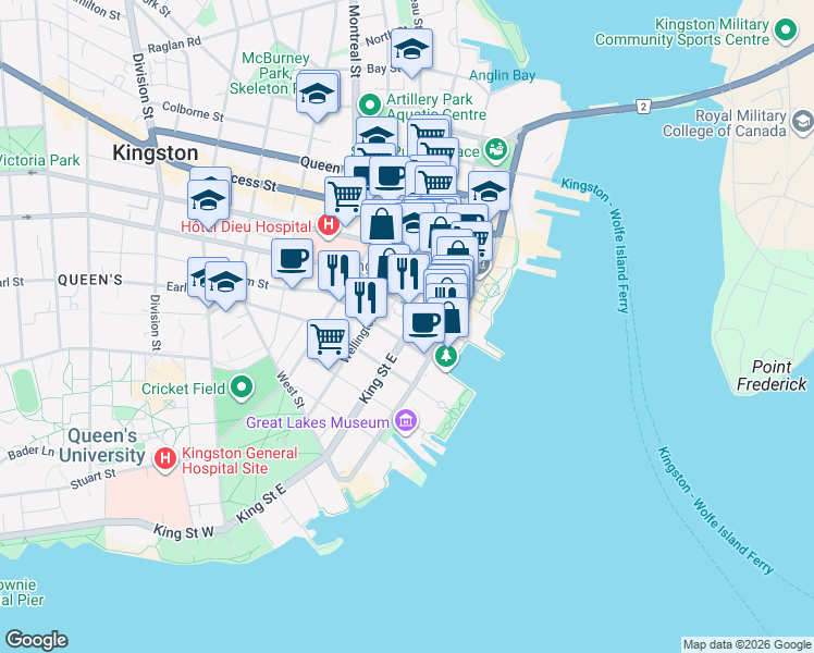map of restaurants, bars, coffee shops, grocery stores, and more near 256 King Street East in Kingston