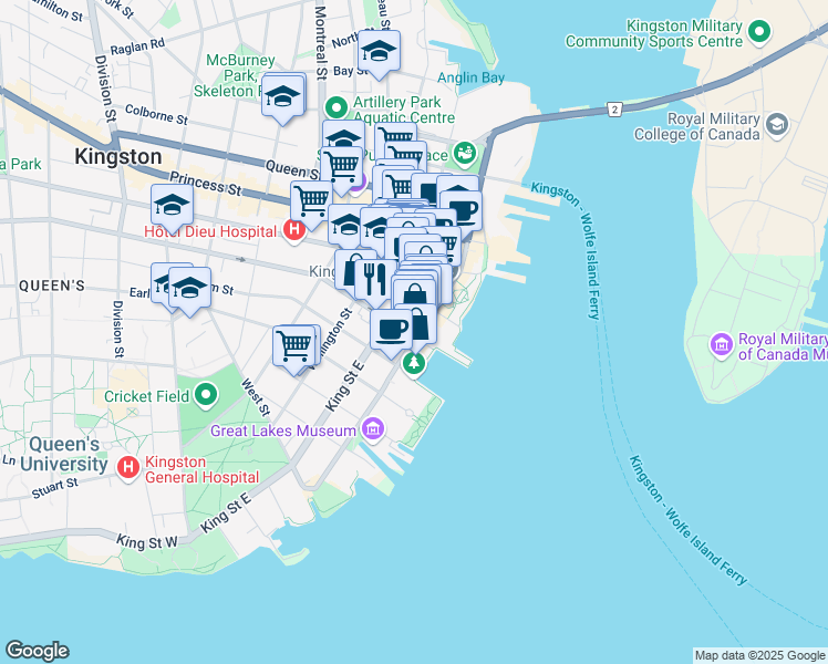 map of restaurants, bars, coffee shops, grocery stores, and more near 172 Ontario Street in Kingston