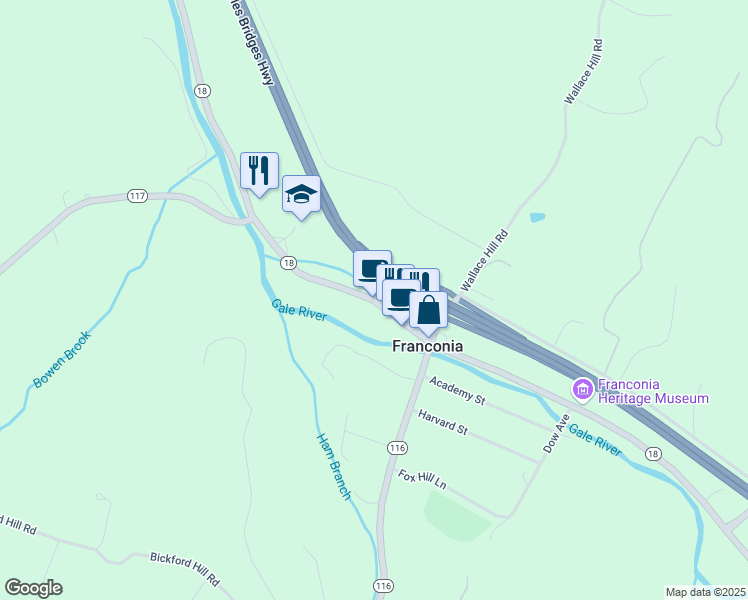map of restaurants, bars, coffee shops, grocery stores, and more near 439 Main Street in Franconia