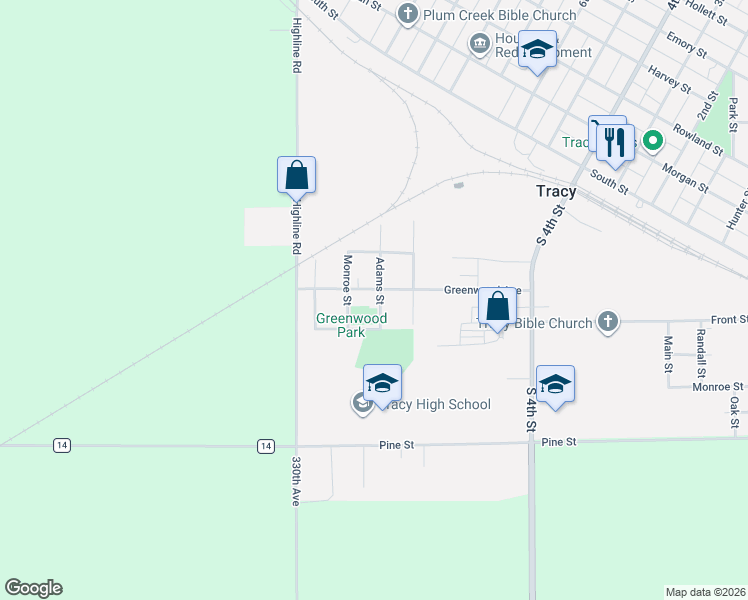 map of restaurants, bars, coffee shops, grocery stores, and more near 921 Greenwood Avenue in Tracy