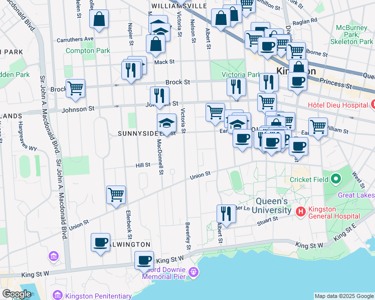 map of restaurants, bars, coffee shops, grocery stores, and more near 235 Victoria Street in Kingston