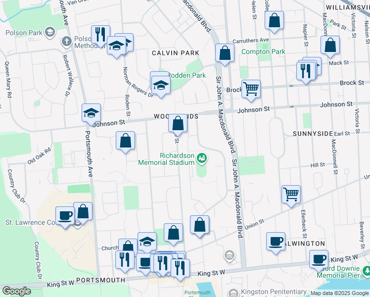 map of restaurants, bars, coffee shops, grocery stores, and more near 347 Yonge Street in Kingston