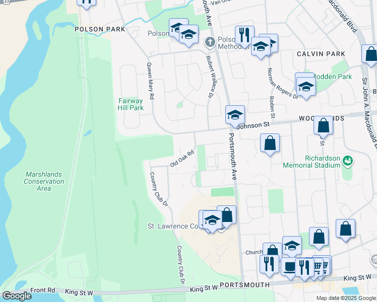 map of restaurants, bars, coffee shops, grocery stores, and more near 67 Old Oak Road in Kingston