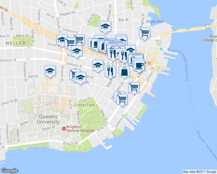 map of restaurants, bars, coffee shops, grocery stores, and more near 160 A Bagot Street in Kingston