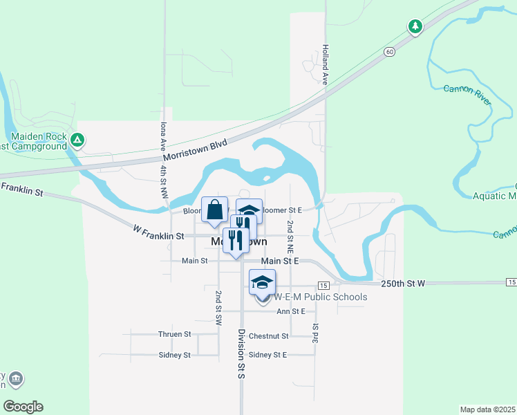 map of restaurants, bars, coffee shops, grocery stores, and more near 302 Division Street North in Morristown