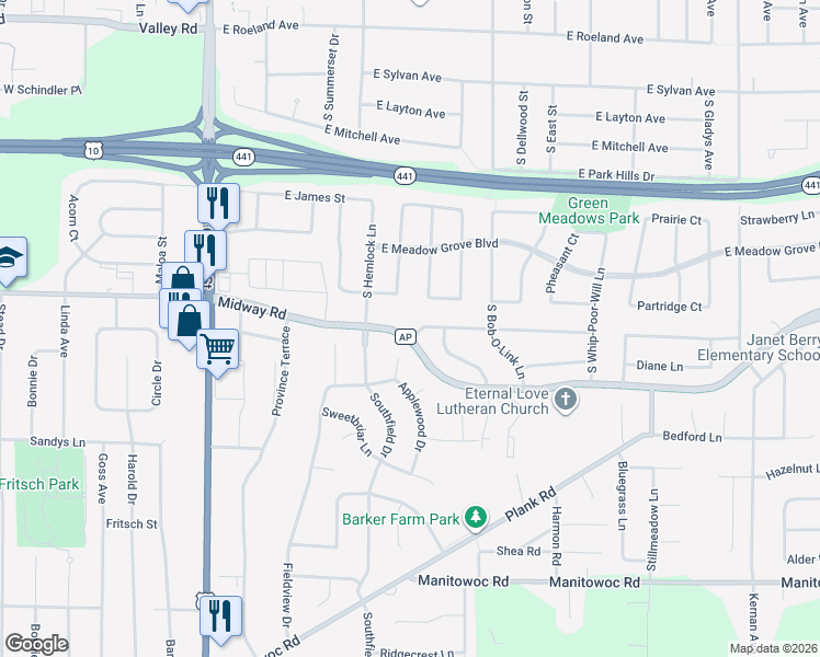 map of restaurants, bars, coffee shops, grocery stores, and more near 600 East Woodcrest Drive in Appleton