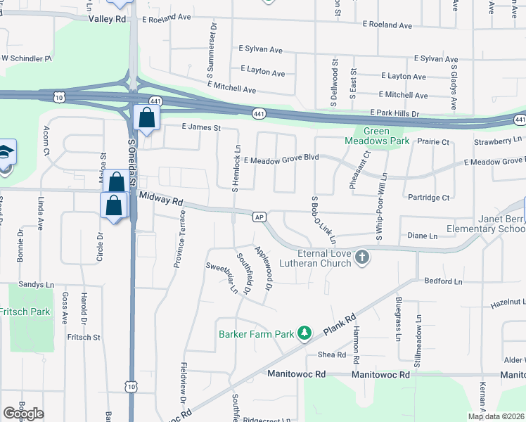 map of restaurants, bars, coffee shops, grocery stores, and more near 600 East Woodcrest Drive in Appleton