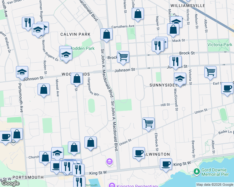 map of restaurants, bars, coffee shops, grocery stores, and more near 20 Oakridge Avenue in Kingston