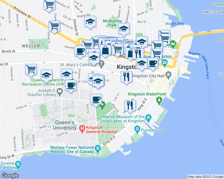 map of restaurants, bars, coffee shops, grocery stores, and more near 36 Sydenham Street in Kingston