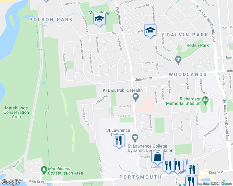 map of restaurants, bars, coffee shops, grocery stores, and more near 40 Newcourt Place in Kingston