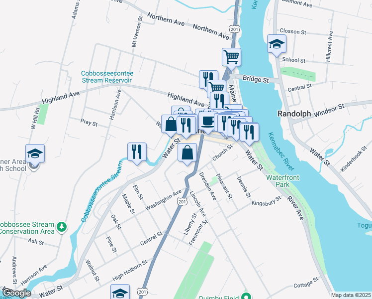 map of restaurants, bars, coffee shops, grocery stores, and more near 15 Neal Street in Gardiner