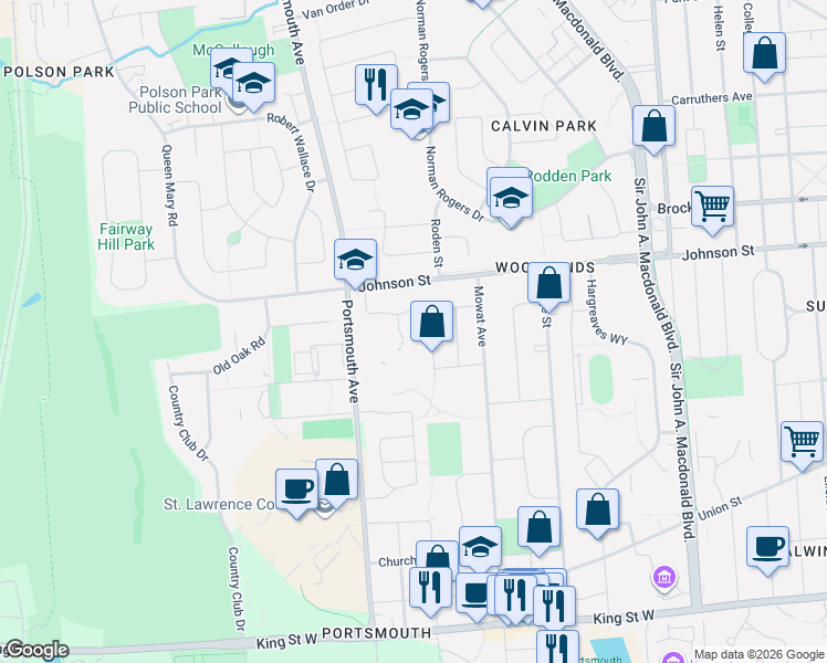 map of restaurants, bars, coffee shops, grocery stores, and more near 3 Authors Lane in Kingston