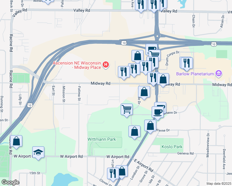 map of restaurants, bars, coffee shops, grocery stores, and more near 1478 Kenwood Drive in Menasha