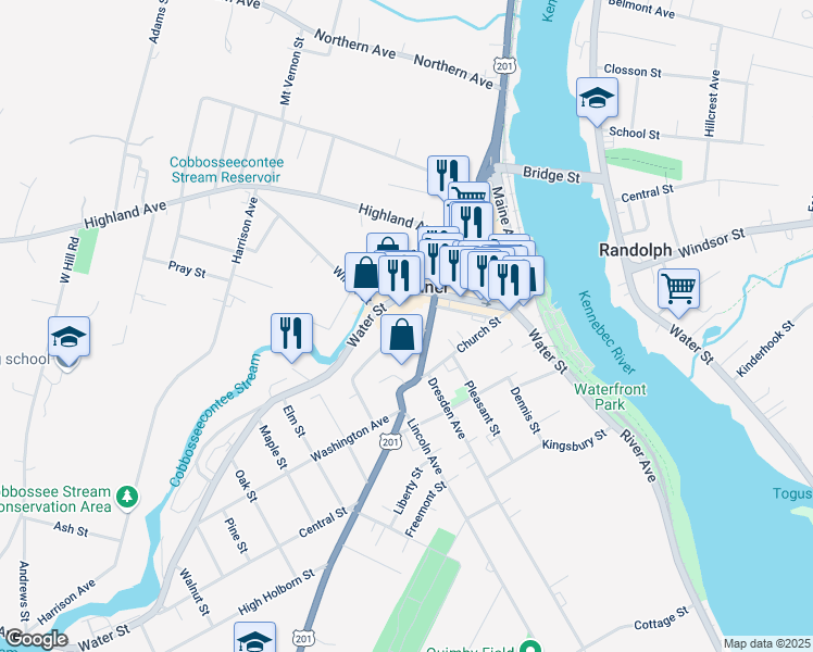 map of restaurants, bars, coffee shops, grocery stores, and more near 15 Neal Street in Gardiner