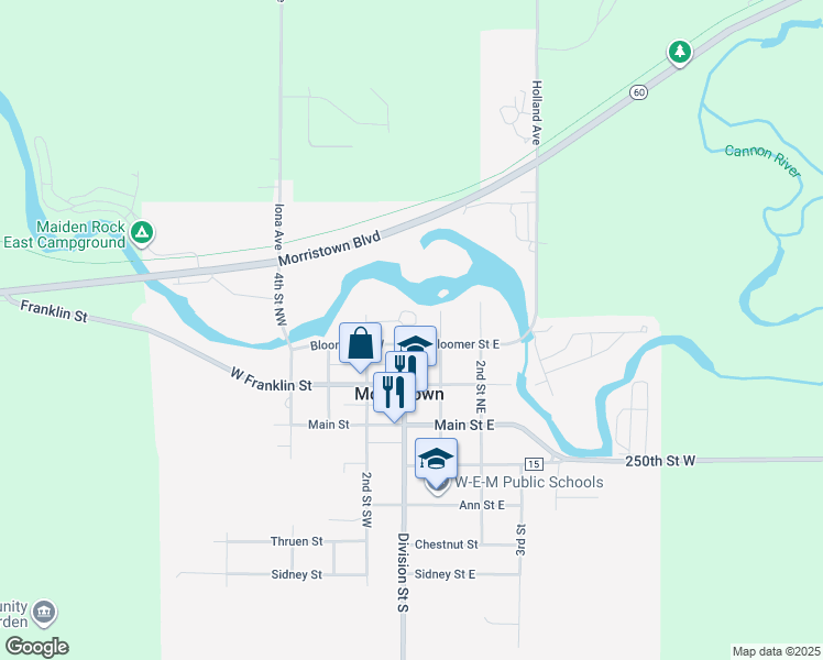 map of restaurants, bars, coffee shops, grocery stores, and more near 302 Division Street North in Morristown