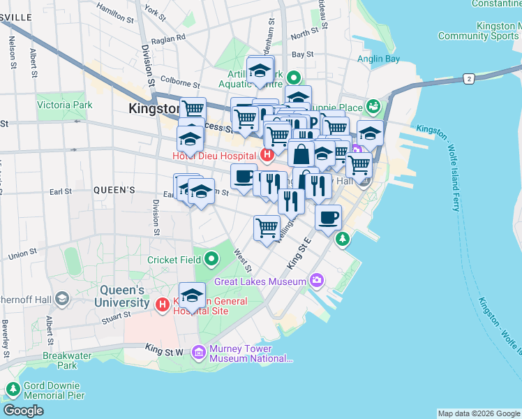 map of restaurants, bars, coffee shops, grocery stores, and more near 160 A Bagot Street in Kingston