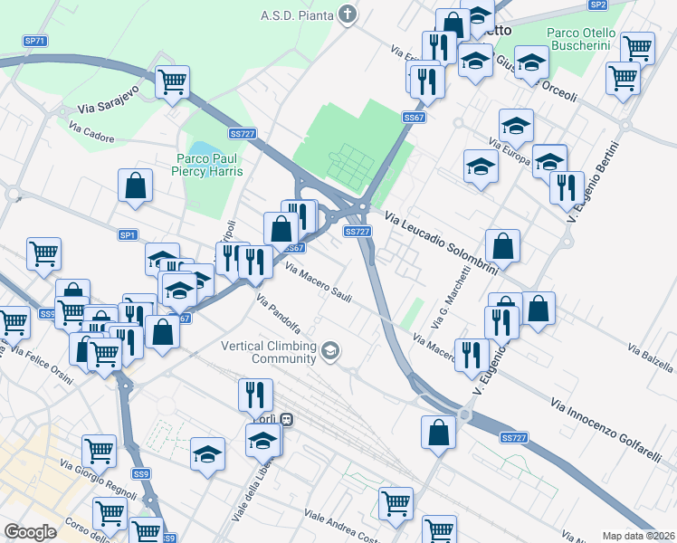 map of restaurants, bars, coffee shops, grocery stores, and more near 11 Via Giuseppe Rambelli in Forlì