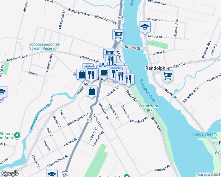 map of restaurants, bars, coffee shops, grocery stores, and more near 8 Mechanic Street in Gardiner