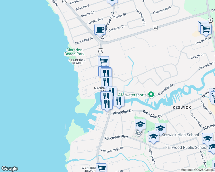 map of restaurants, bars, coffee shops, grocery stores, and more near 225 The Queensway South in Georgina