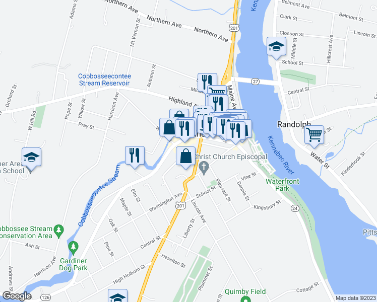 map of restaurants, bars, coffee shops, grocery stores, and more near 11 Neal Street in Gardiner