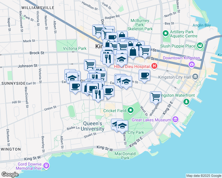 map of restaurants, bars, coffee shops, grocery stores, and more near 39 Clergy Street West in Kingston