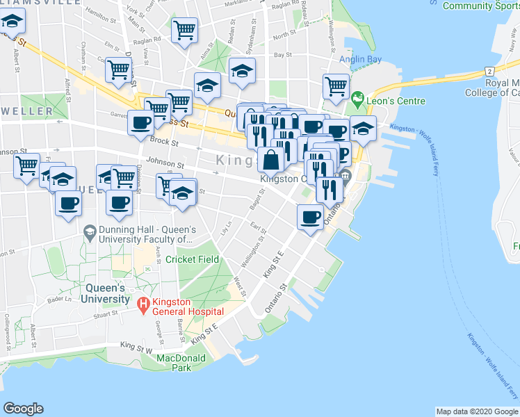 map of restaurants, bars, coffee shops, grocery stores, and more near 94 William Street in Kingston