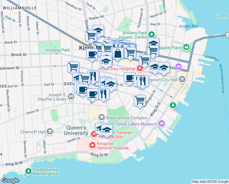 map of restaurants, bars, coffee shops, grocery stores, and more near 172 Earl Street in Kingston