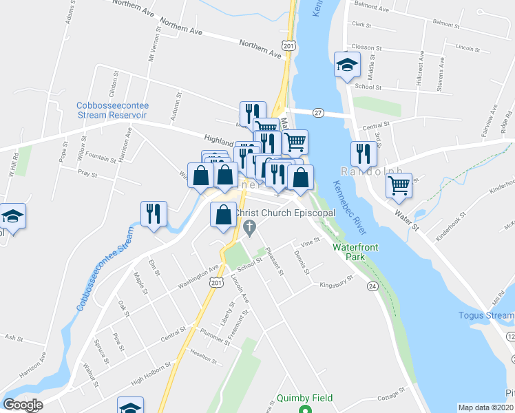 map of restaurants, bars, coffee shops, grocery stores, and more near 20 Mechanic Street in Gardiner