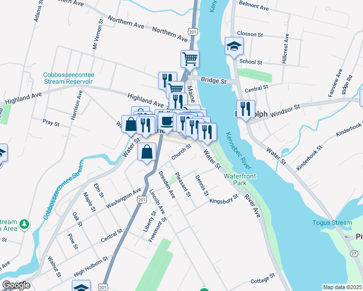 map of restaurants, bars, coffee shops, grocery stores, and more near 8 Mechanic Street in Gardiner